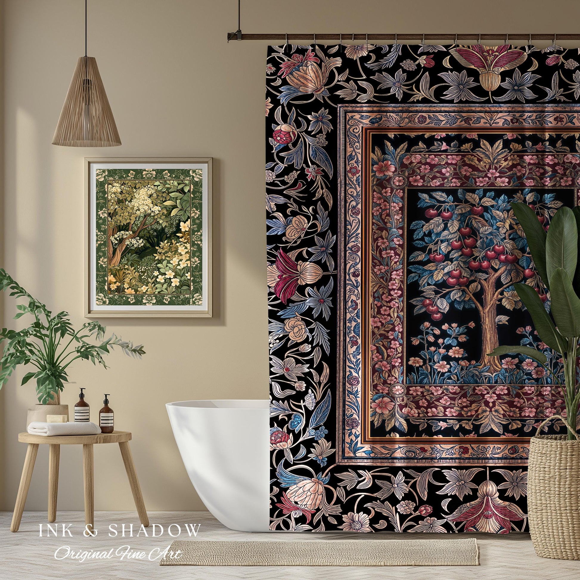 Mystical Dark Academia Tree of Life Shower Curtain | Moody Garden Jewel Tone Bathroom Decor Baroque Botanical Style Dark Cottagecore Floral