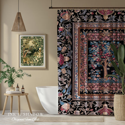 Mystical Dark Academia Tree of Life Shower Curtain | Moody Garden Jewel Tone Bathroom Decor Baroque Botanical Style Dark Cottagecore Floral