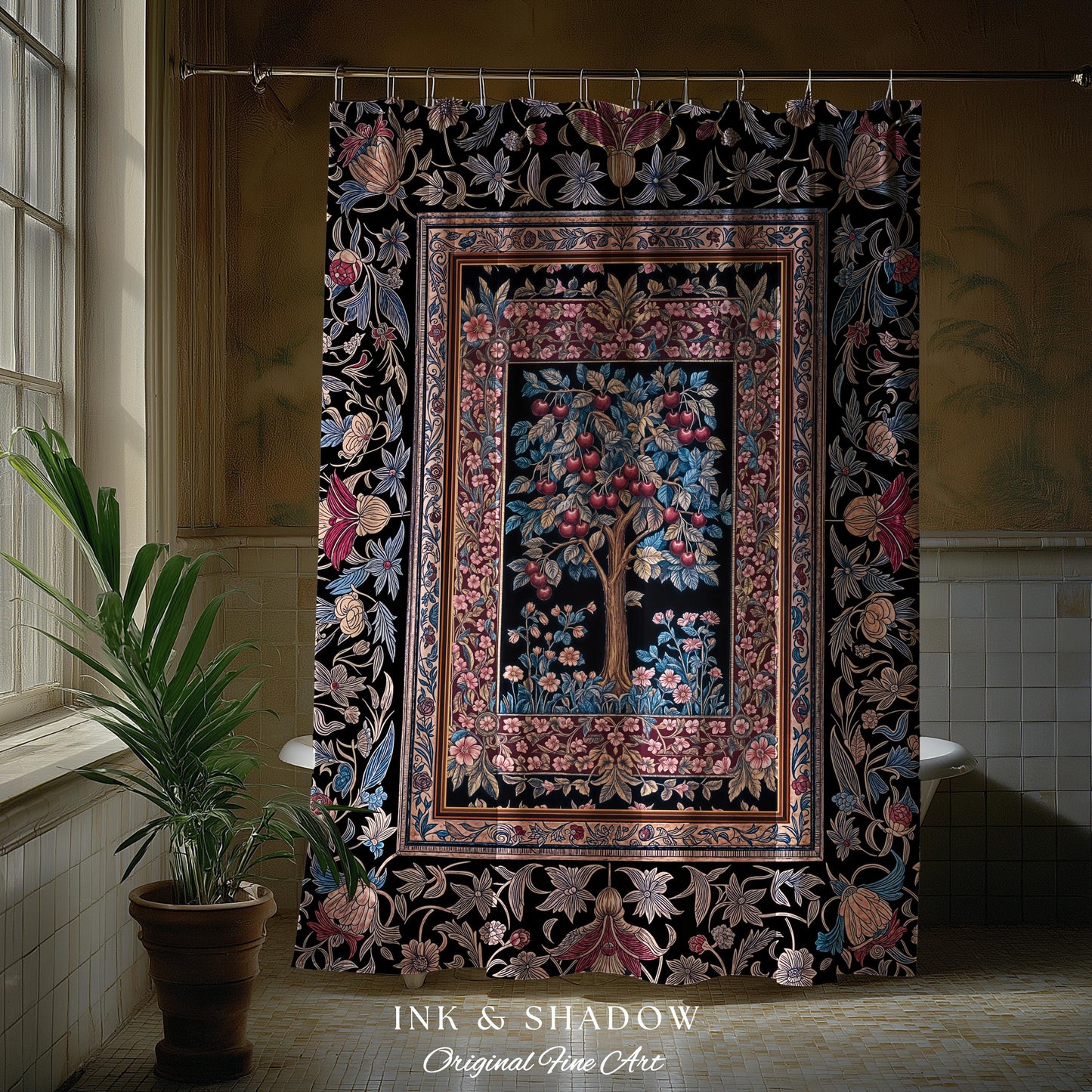 Mystical Dark Academia Tree of Life Shower Curtain | Moody Garden Jewel Tone Bathroom Decor Baroque Botanical Style Dark Cottagecore Floral