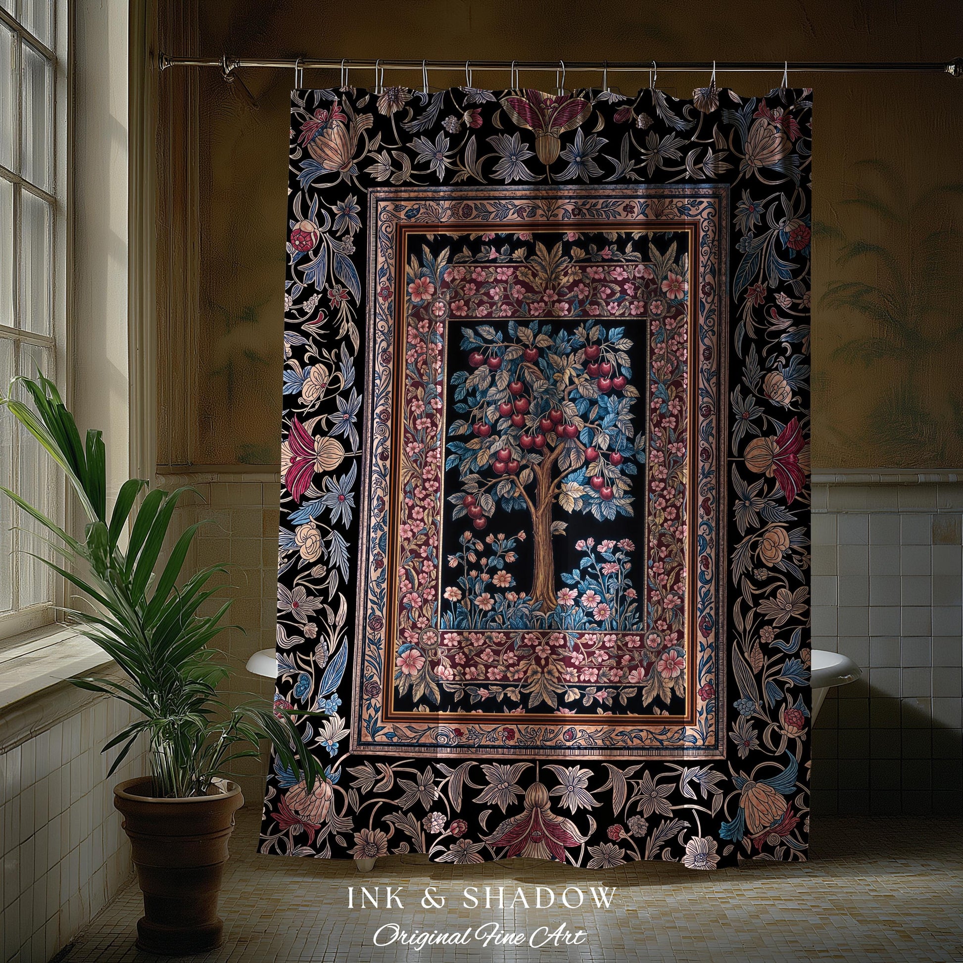 Mystical Dark Academia Tree of Life Shower Curtain | Moody Garden Jewel Tone Bathroom Decor Baroque Botanical Style Dark Cottagecore Floral