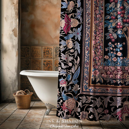 Mystical Dark Academia Tree of Life Shower Curtain | Moody Garden Jewel Tone Bathroom Decor Baroque Botanical Style Dark Cottagecore Floral