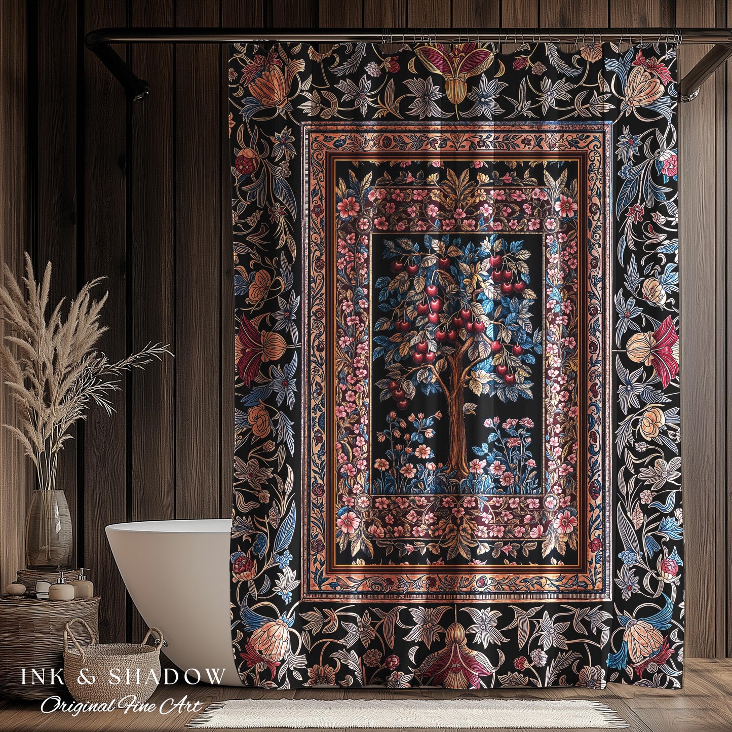 Mystical Dark Academia Tree of Life Shower Curtain | Moody Garden Jewel Tone Bathroom Decor Baroque Botanical Style Dark Cottagecore Floral