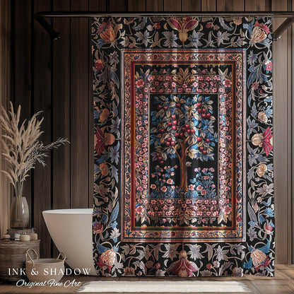 Mystical Dark Academia Tree of Life Shower Curtain | Moody Garden Jewel Tone Bathroom Decor Baroque Botanical Style Dark Cottagecore Floral