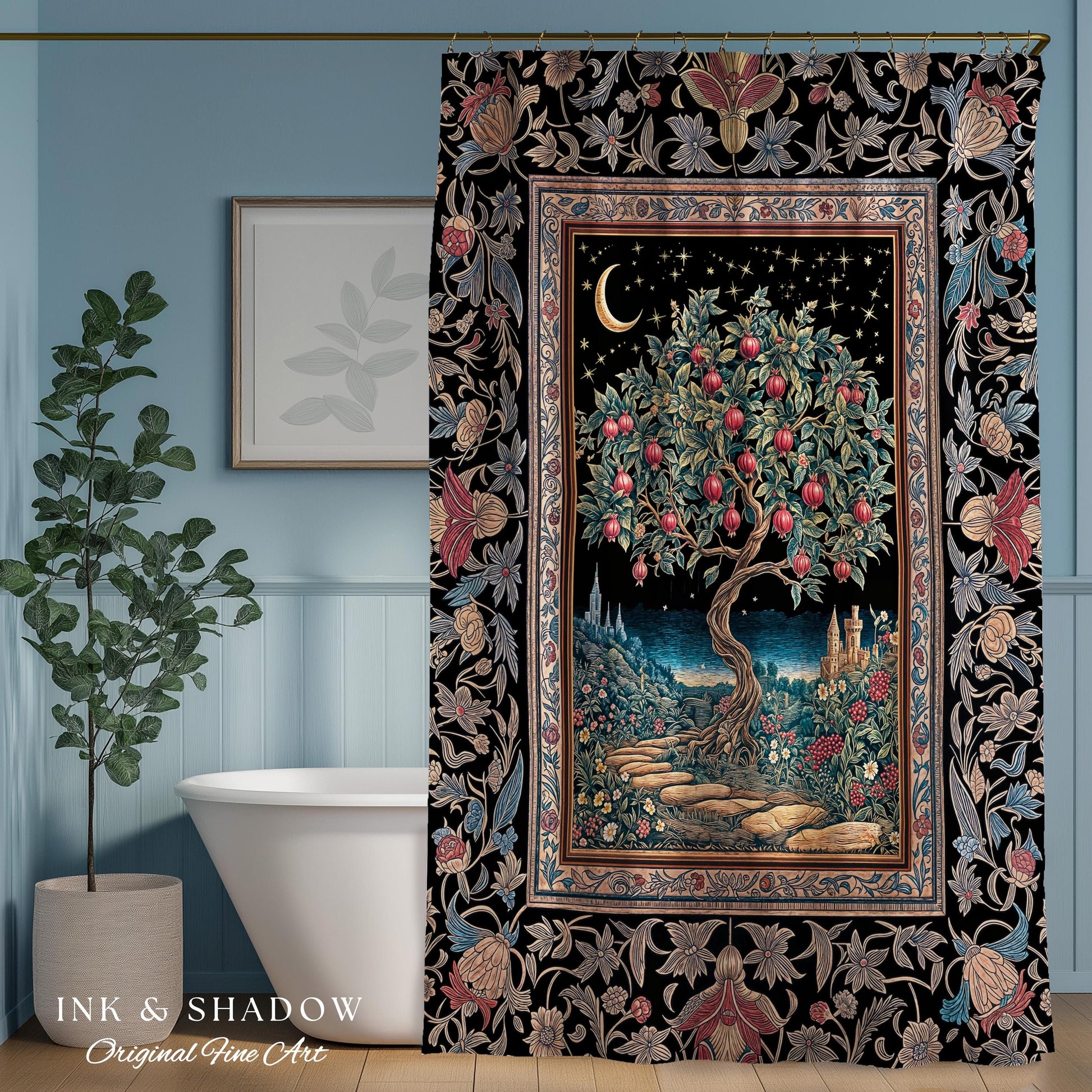 Twilight Orchard Tree Life Shower Curtain | Enchanted Harvest Aesthetic Crimson Moonlit Medieval Magic Style Eclectic Bathroom Accent Boho