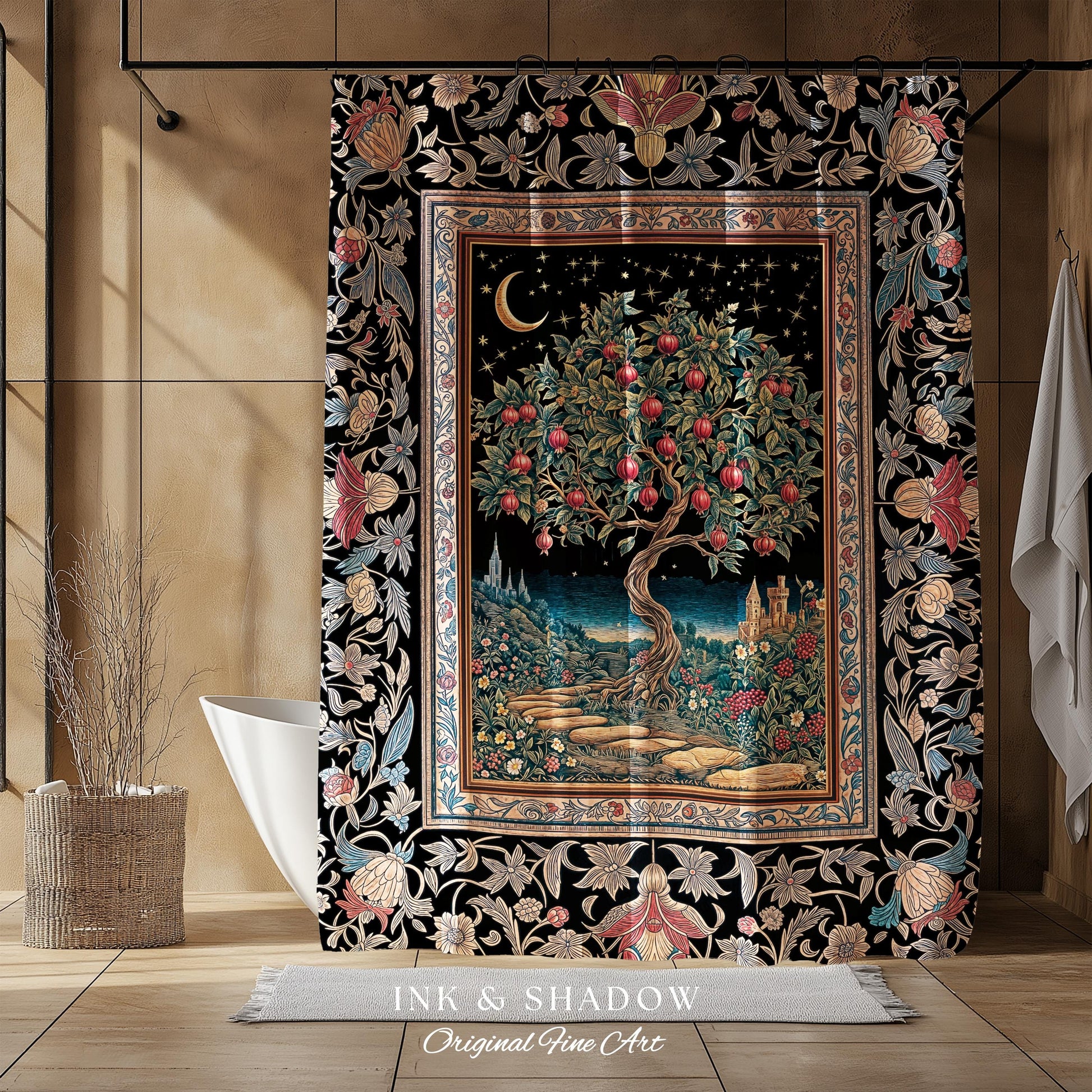 Twilight Orchard Tree Life Shower Curtain | Enchanted Harvest Aesthetic Crimson Moonlit Medieval Magic Style Eclectic Bathroom Accent Boho