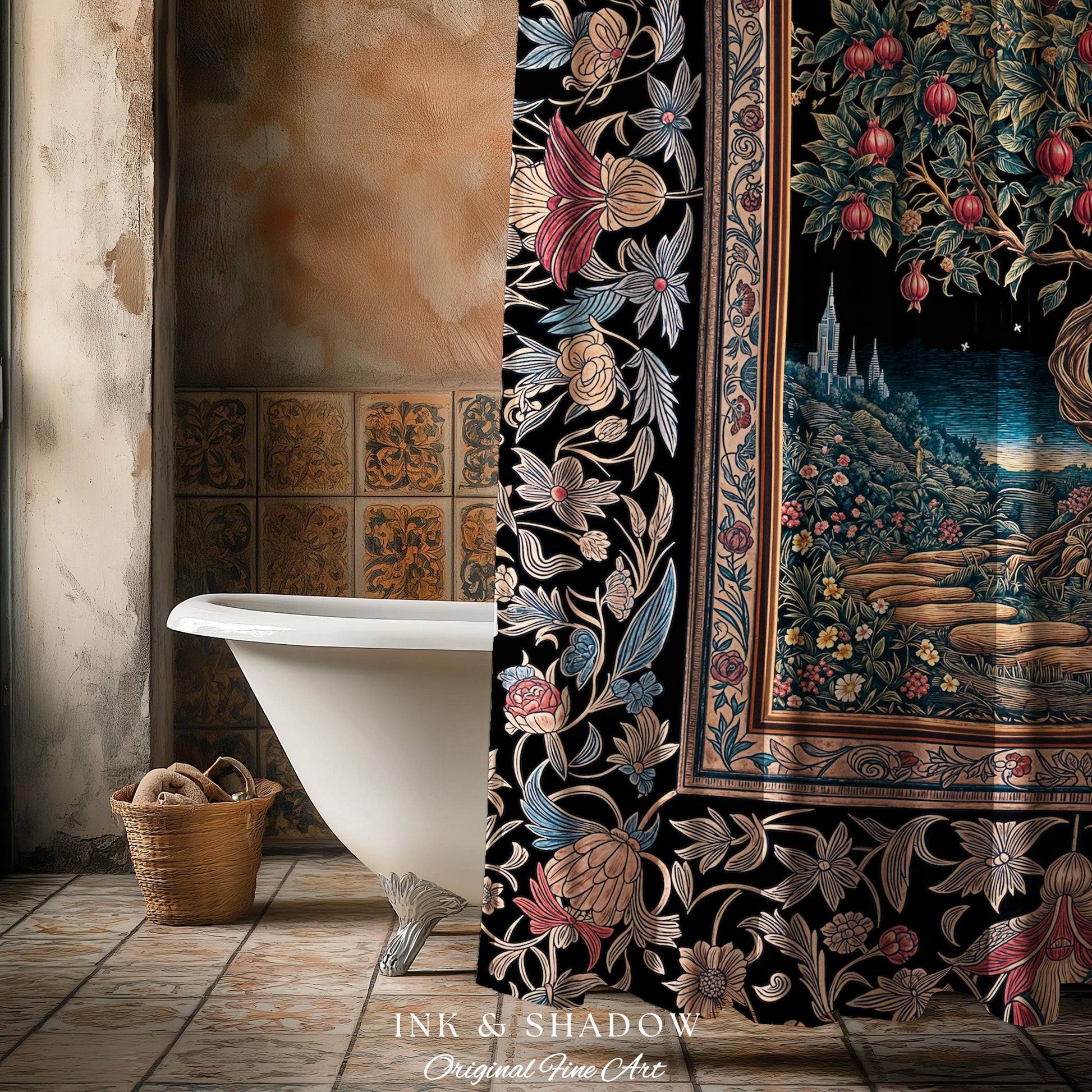 Twilight Orchard Tree Life Shower Curtain | Enchanted Harvest Aesthetic Crimson Moonlit Medieval Magic Style Eclectic Bathroom Accent Boho