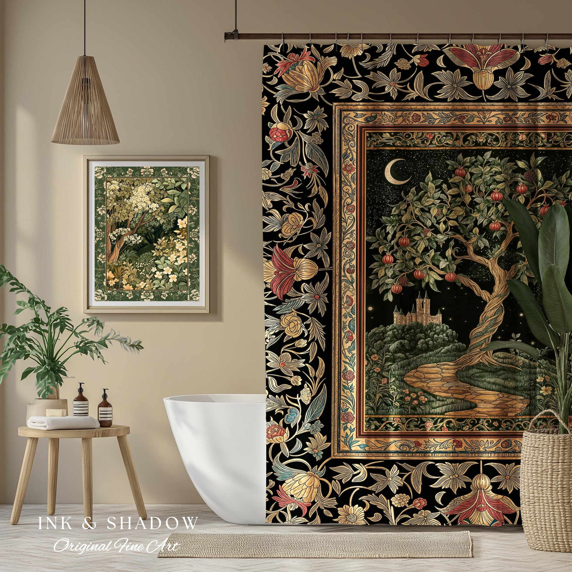 Moonlit Magic Whimsical Tree Shower Curtain | Celestial Forest Midnight Aesthetic Folklore Fairy Tale Decor Medieval Bathroom Accent Boho |