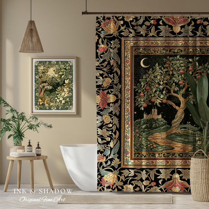 Moonlit Magic Whimsical Tree Shower Curtain | Celestial Forest Midnight Aesthetic Folklore Fairy Tale Decor Medieval Bathroom Accent Boho |