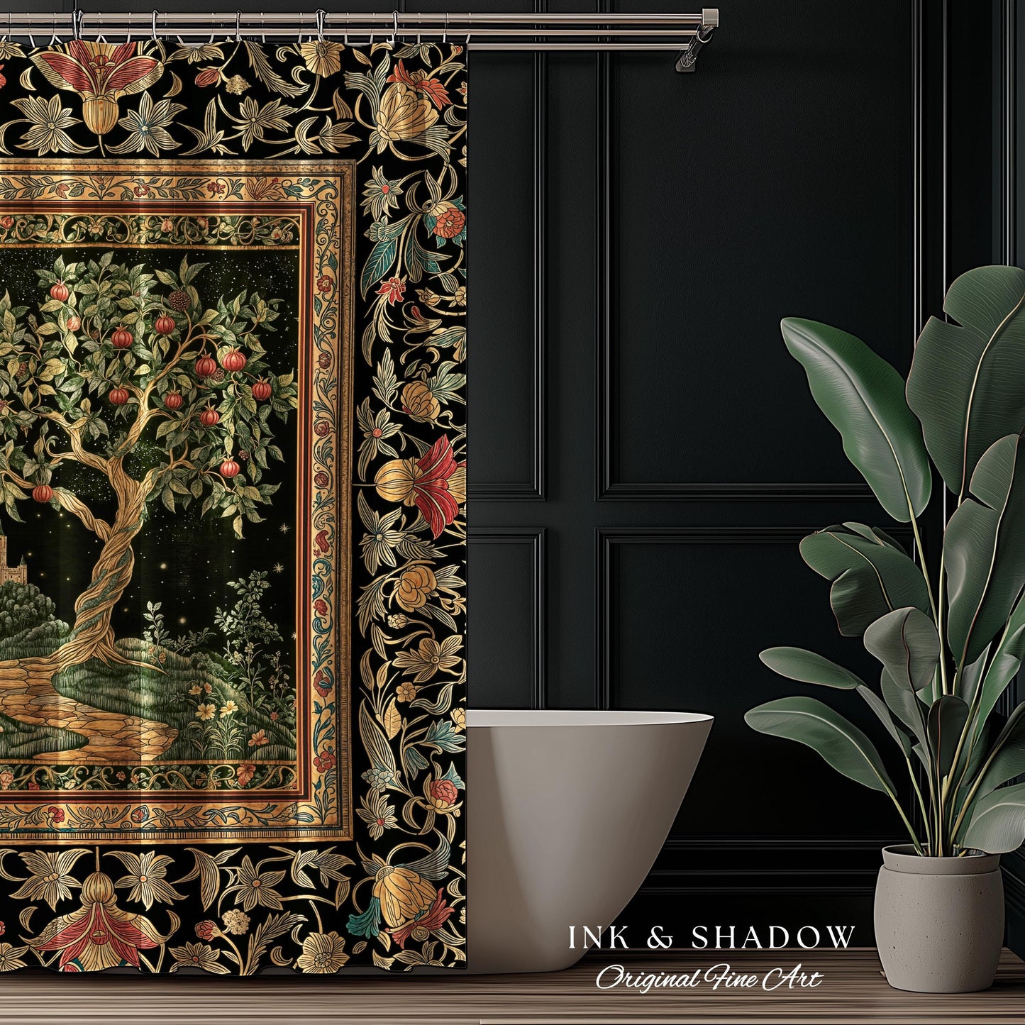 Moonlit Magic Whimsical Tree Shower Curtain | Celestial Forest Midnight Aesthetic Folklore Fairy Tale Decor Medieval Bathroom Accent Boho |