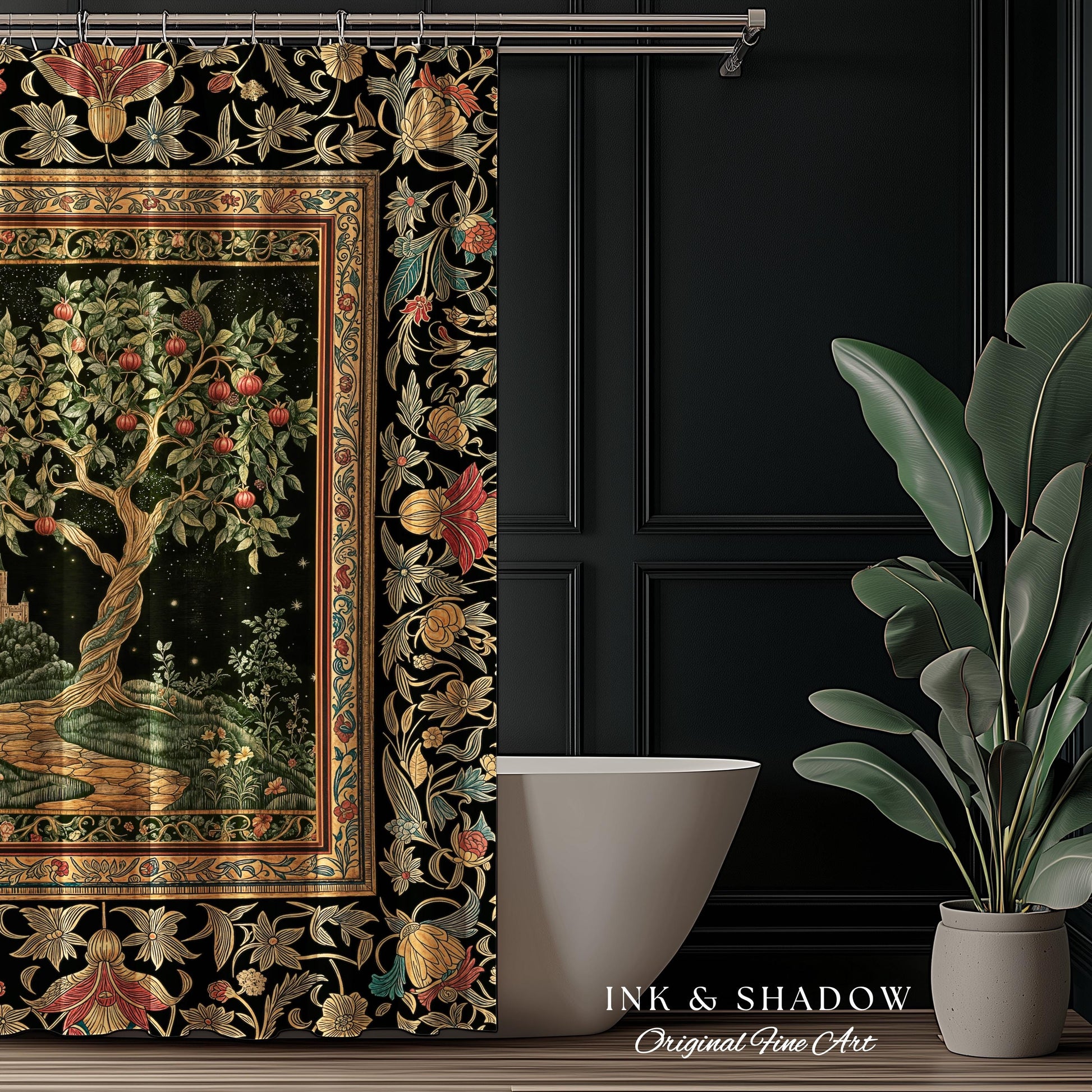 Moonlit Magic Whimsical Tree Shower Curtain | Celestial Forest Midnight Aesthetic Folklore Fairy Tale Decor Medieval Bathroom Accent Boho |