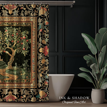 Moonlit Magic Whimsical Tree Shower Curtain | Celestial Forest Midnight Aesthetic Folklore Fairy Tale Decor Medieval Bathroom Accent Boho |