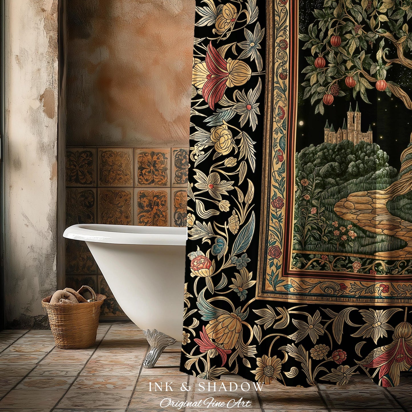 Moonlit Magic Whimsical Tree Shower Curtain | Celestial Forest Midnight Aesthetic Folklore Fairy Tale Decor Medieval Bathroom Accent Boho |