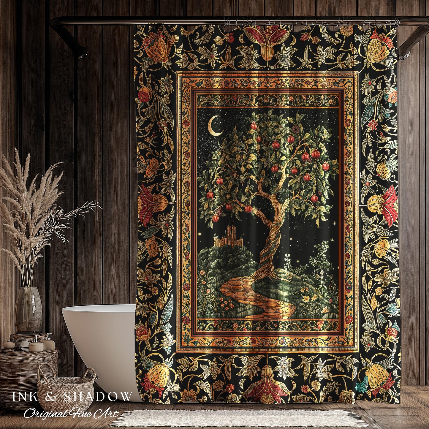 Moonlit Magic Whimsical Tree Shower Curtain | Celestial Forest Midnight Aesthetic Folklore Fairy Tale Decor Medieval Bathroom Accent Boho |