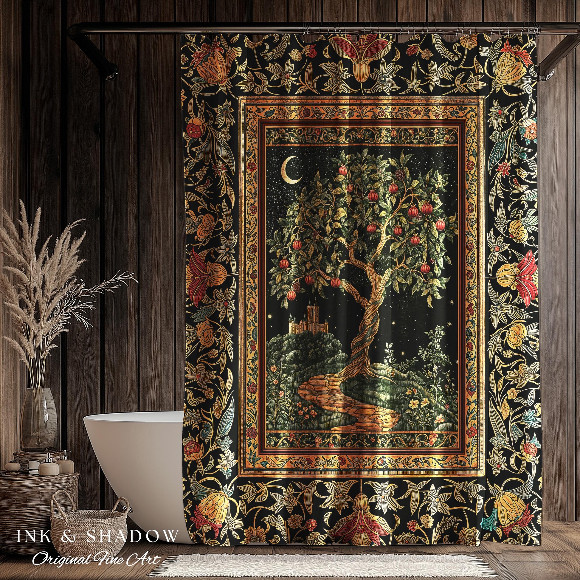 Moonlit Magic Whimsical Tree Shower Curtain | Celestial Forest Midnight Aesthetic Folklore Fairy Tale Decor Medieval Bathroom Accent Boho |