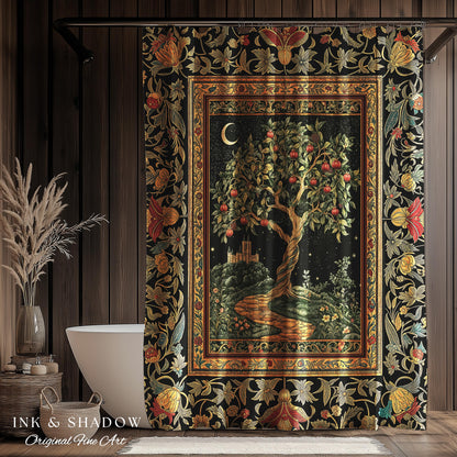 Moonlit Magic Whimsical Tree Shower Curtain | Celestial Forest Midnight Aesthetic Folklore Fairy Tale Decor Medieval Bathroom Accent Boho |