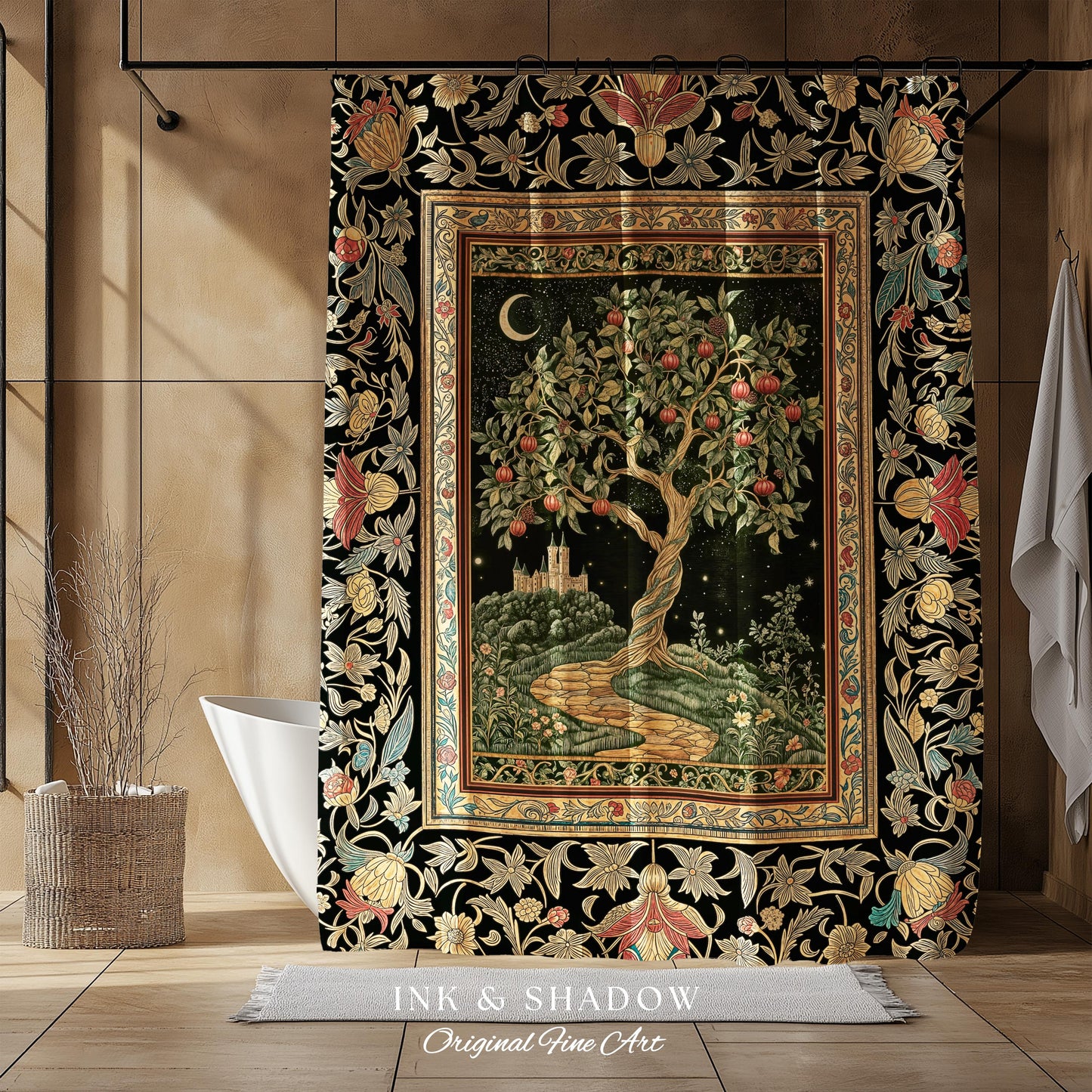 Moonlit Magic Whimsical Tree Shower Curtain | Celestial Forest Midnight Aesthetic Folklore Fairy Tale Decor Medieval Bathroom Accent Boho |