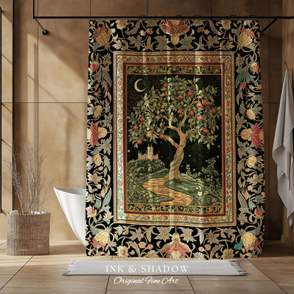 Moonlit Magic Whimsical Tree Shower Curtain | Celestial Forest Midnight Aesthetic Folklore Fairy Tale Decor Medieval Bathroom Accent Boho |