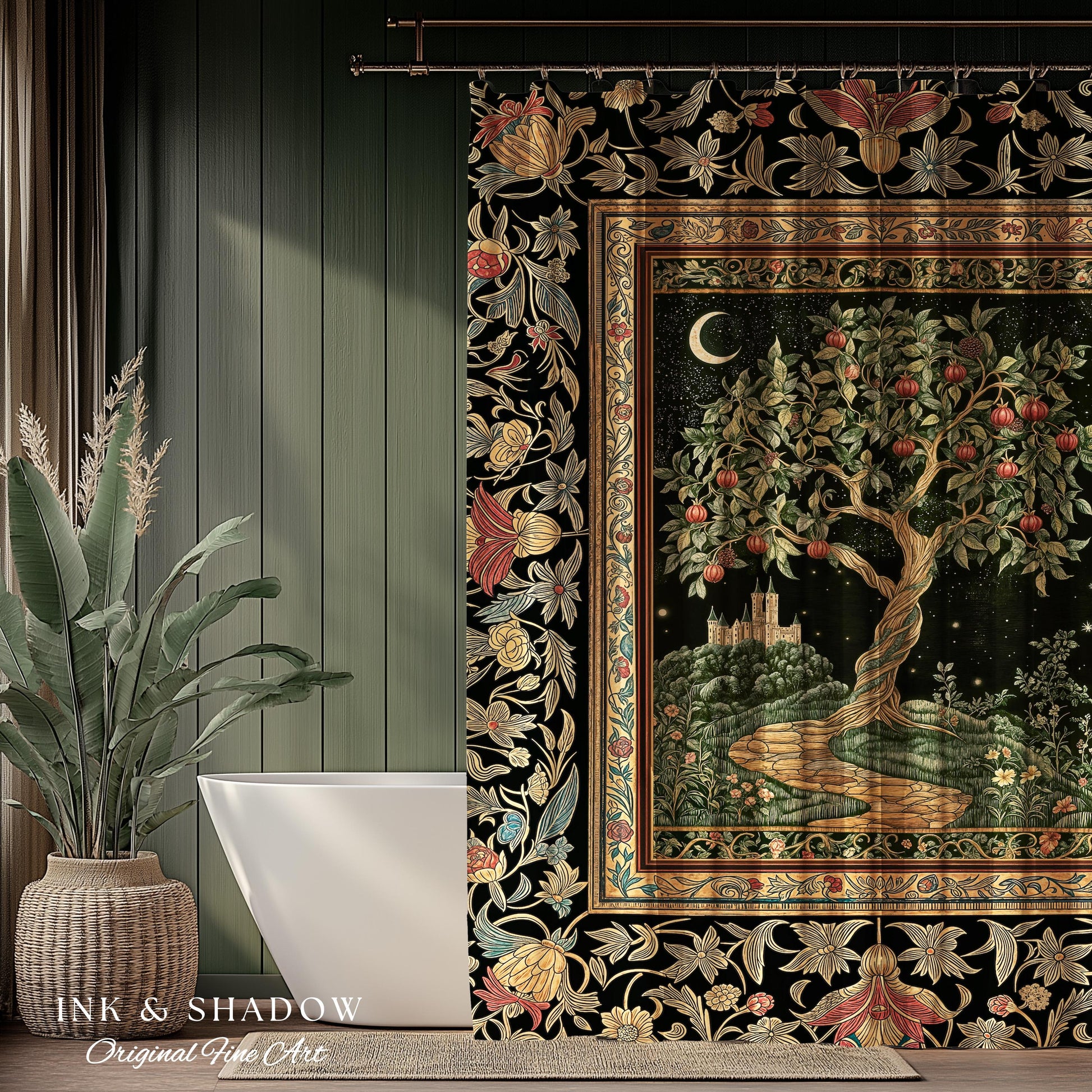 Moonlit Magic Whimsical Tree Shower Curtain | Celestial Forest Midnight Aesthetic Folklore Fairy Tale Decor Medieval Bathroom Accent Boho |