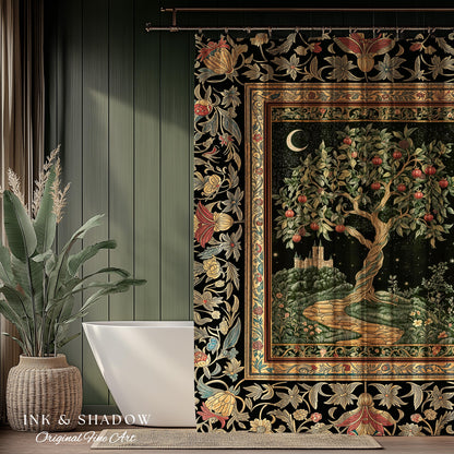 Moonlit Magic Whimsical Tree Shower Curtain | Celestial Forest Midnight Aesthetic Folklore Fairy Tale Decor Medieval Bathroom Accent Boho |