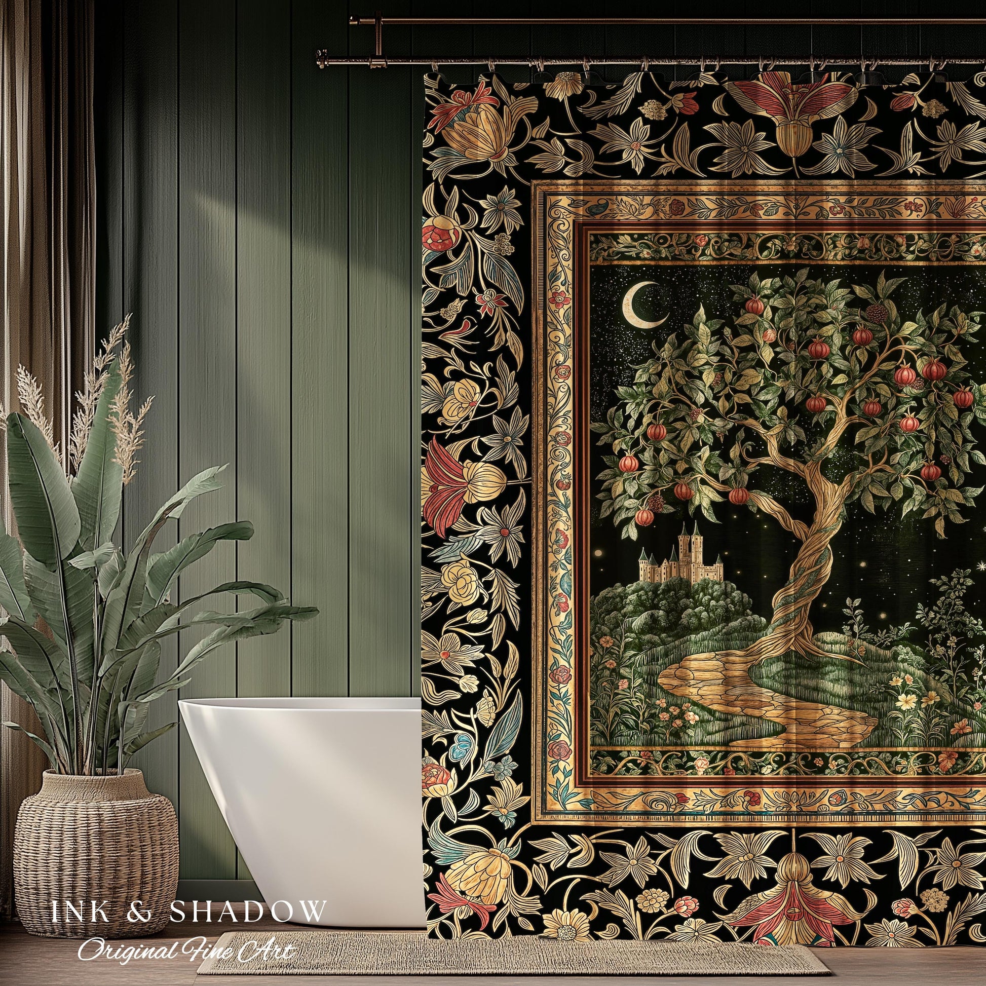 Moonlit Magic Whimsical Tree Shower Curtain | Celestial Forest Midnight Aesthetic Folklore Fairy Tale Decor Medieval Bathroom Accent Boho |