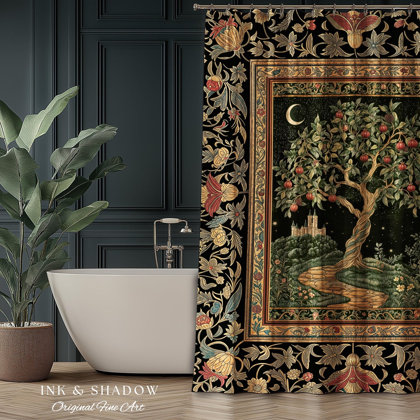 Moonlit Magic Whimsical Tree Shower Curtain | Celestial Forest Midnight Aesthetic Folklore Fairy Tale Decor Medieval Bathroom Accent Boho |