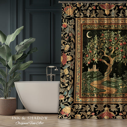 Moonlit Magic Whimsical Tree Shower Curtain | Celestial Forest Midnight Aesthetic Folklore Fairy Tale Decor Medieval Bathroom Accent Boho |