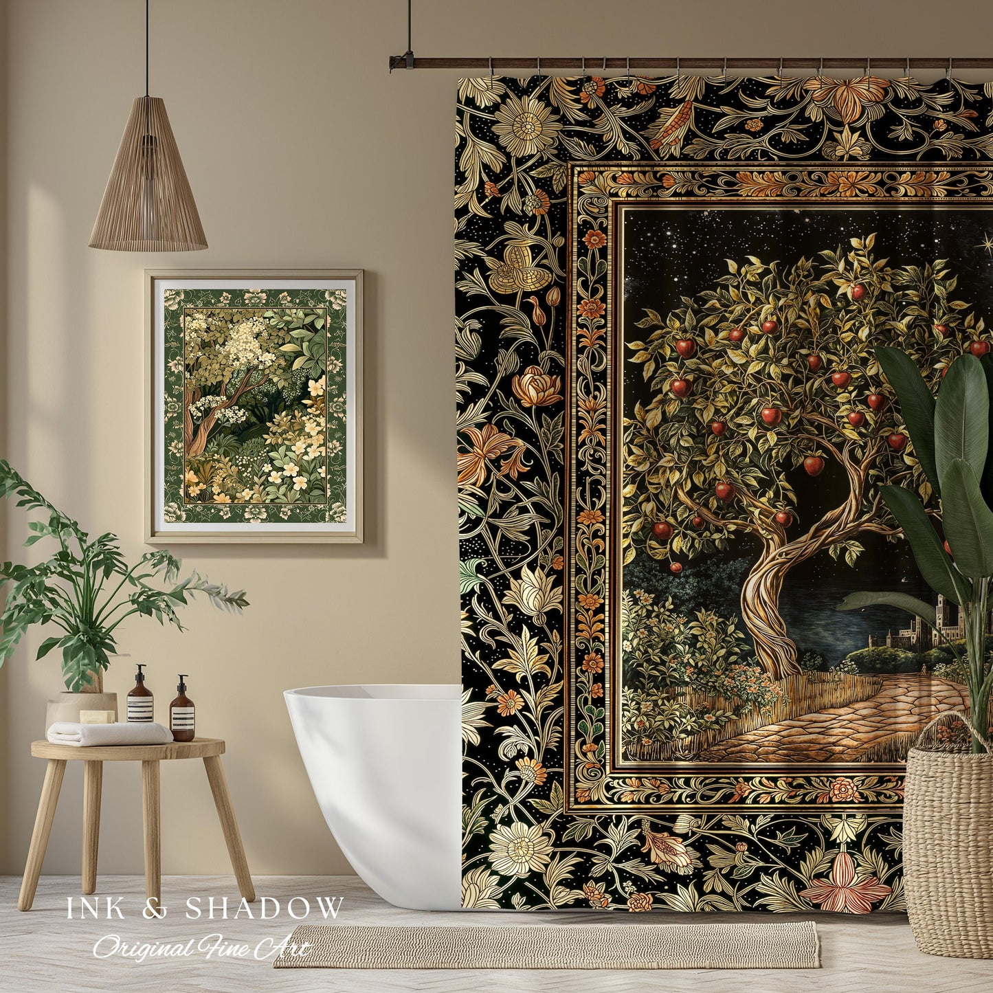 Starlit Storybook Tree Shower Curtain | Dreamy Bedroom Decor Folklore Castle Garden Magic Moody Celestial Folklore Bathroom Accent Bohemian