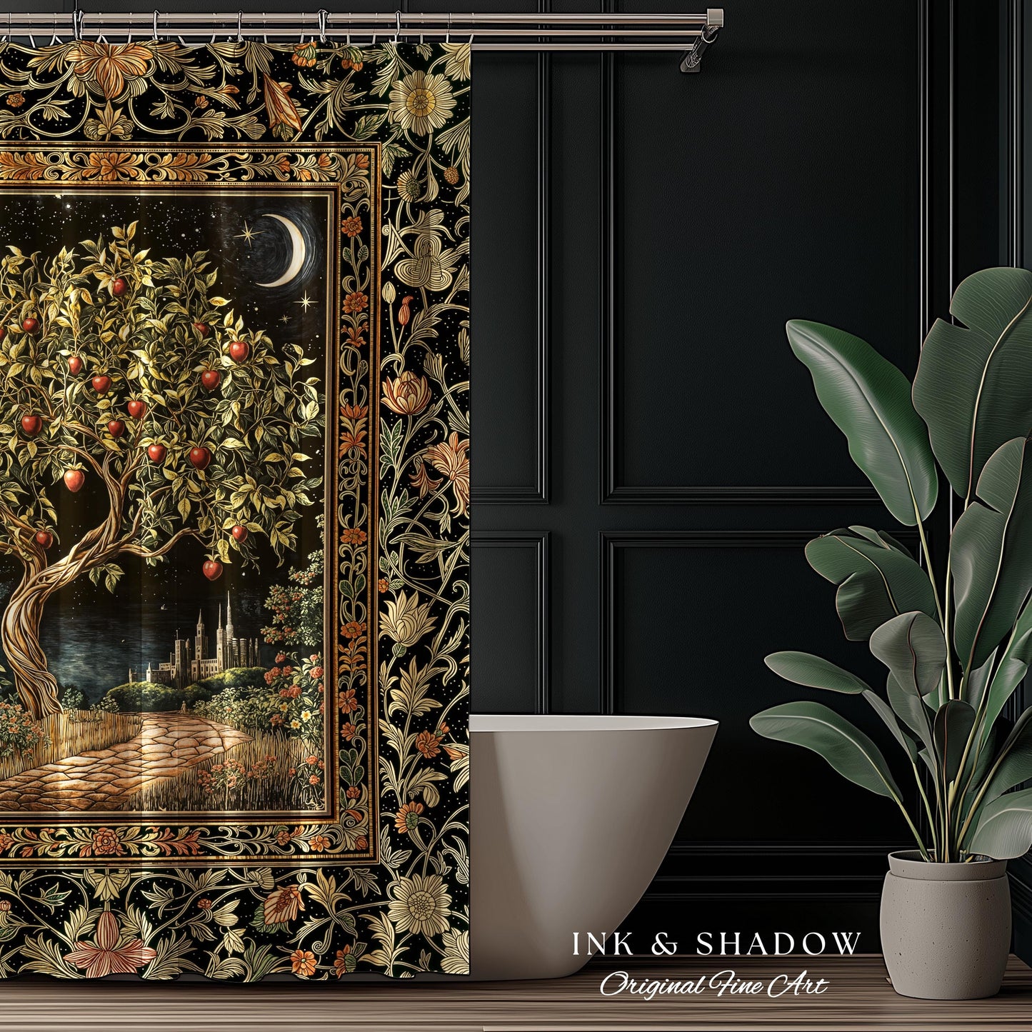 Starlit Storybook Tree Shower Curtain | Dreamy Bedroom Decor Folklore Castle Garden Magic Moody Celestial Folklore Bathroom Accent Bohemian