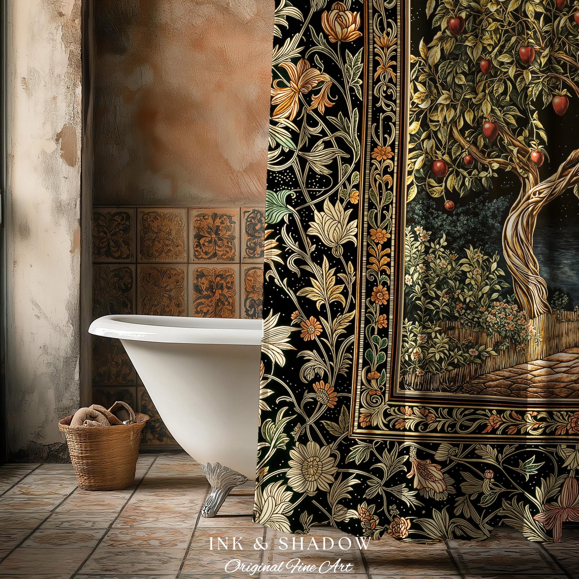 Starlit Storybook Tree Shower Curtain | Dreamy Bedroom Decor Folklore Castle Garden Magic Moody Celestial Folklore Bathroom Accent Bohemian