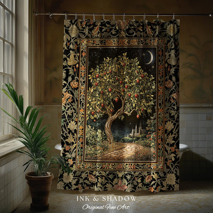 Starlit Storybook Tree Shower Curtain | Dreamy Bedroom Decor Folklore Castle Garden Magic Moody Celestial Folklore Bathroom Accent Bohemian
