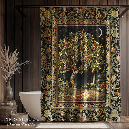 Starlit Storybook Tree Shower Curtain | Dreamy Bedroom Decor Folklore Castle Garden Magic Moody Celestial Folklore Bathroom Accent Bohemian