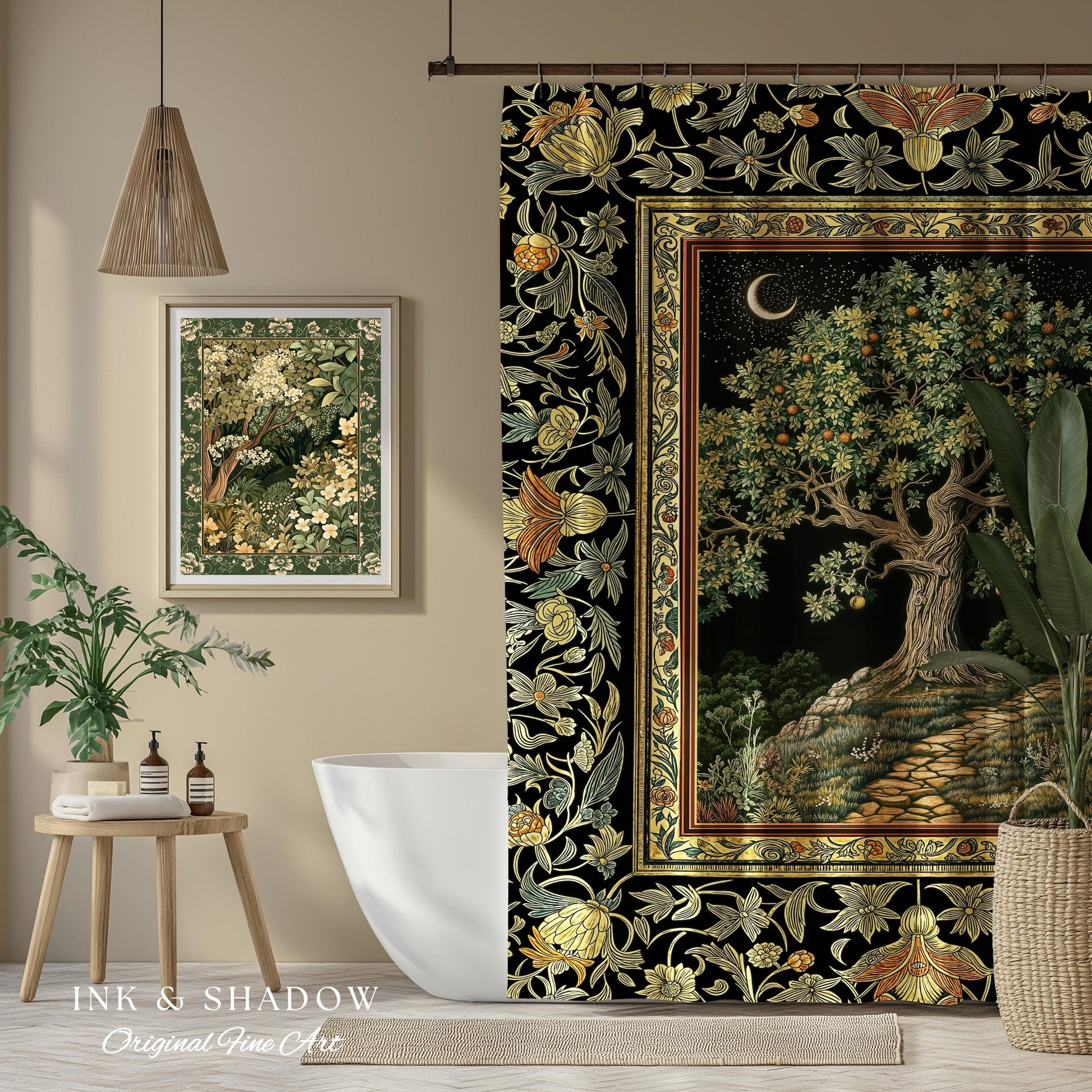 Emerald Aesthetic Folklore Shower Curtain | Celestial Tree of Life Moonlit Forest Enchanted Mystic Woodland Bathroom Cottagecore Whimsical