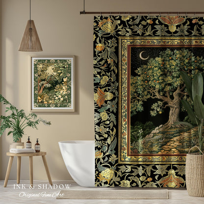 Emerald Aesthetic Folklore Shower Curtain | Celestial Tree of Life Moonlit Forest Enchanted Mystic Woodland Bathroom Cottagecore Whimsical