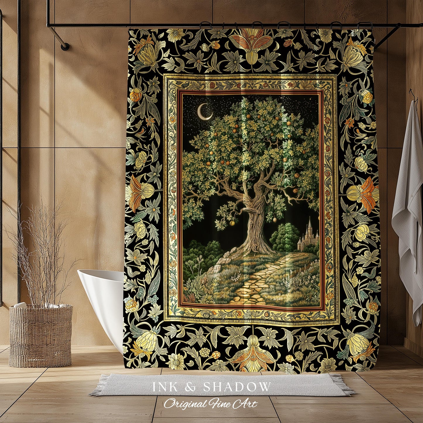 Emerald Aesthetic Folklore Shower Curtain | Celestial Tree of Life Moonlit Forest Enchanted Mystic Woodland Bathroom Cottagecore Whimsical