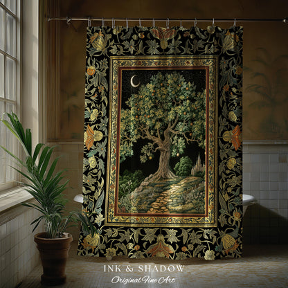 Emerald Aesthetic Folklore Shower Curtain | Celestial Tree of Life Moonlit Forest Enchanted Mystic Woodland Bathroom Cottagecore Whimsical