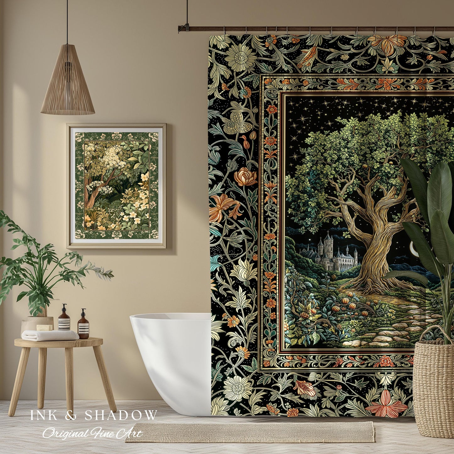 Fairytale Castle Tree of Life Shower Curtain | Celestial Forest Landscape Starry Sky Decor Witchy Bathroom Accent Mystical Cottagecore Boho