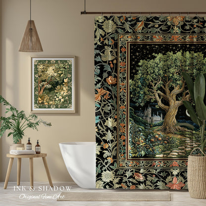Fairytale Castle Tree of Life Shower Curtain | Celestial Forest Landscape Starry Sky Decor Witchy Bathroom Accent Mystical Cottagecore Boho
