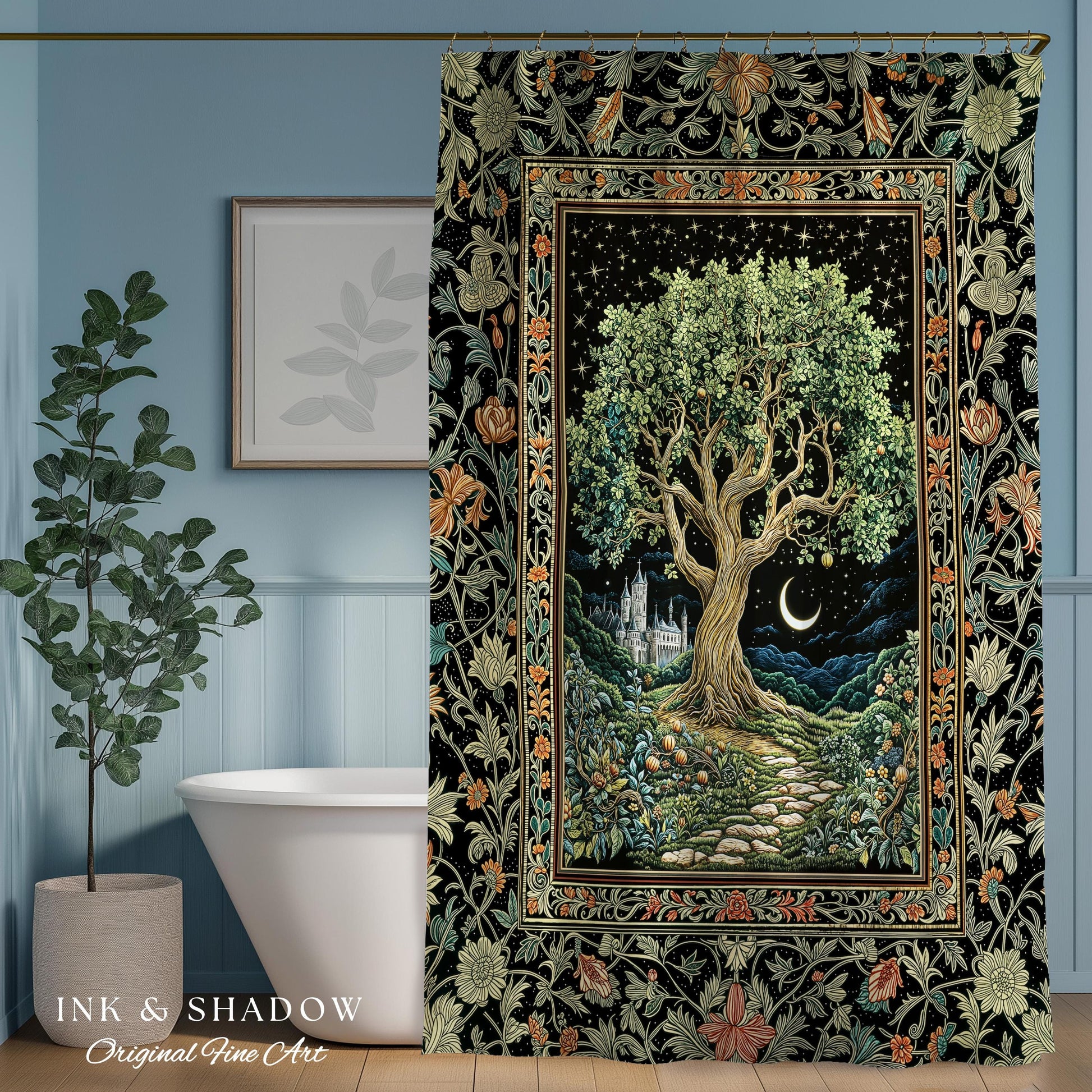 Fairytale Castle Tree of Life Shower Curtain | Celestial Forest Landscape Starry Sky Decor Witchy Bathroom Accent Mystical Cottagecore Boho