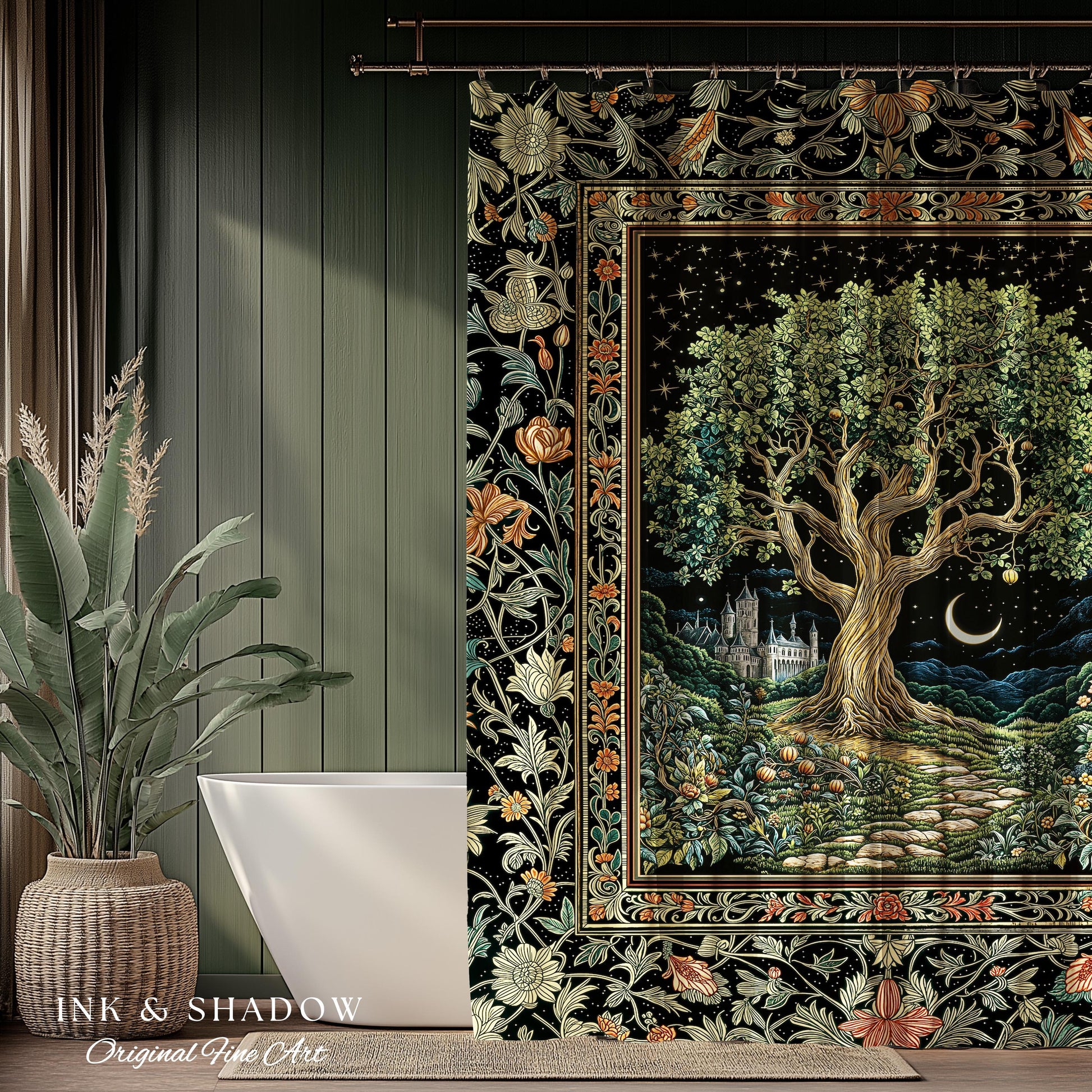 Fairytale Castle Tree of Life Shower Curtain | Celestial Forest Landscape Starry Sky Decor Witchy Bathroom Accent Mystical Cottagecore Boho