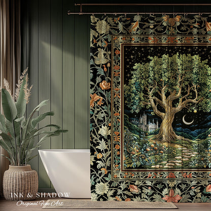 Fairytale Castle Tree of Life Shower Curtain | Celestial Forest Landscape Starry Sky Decor Witchy Bathroom Accent Mystical Cottagecore Boho