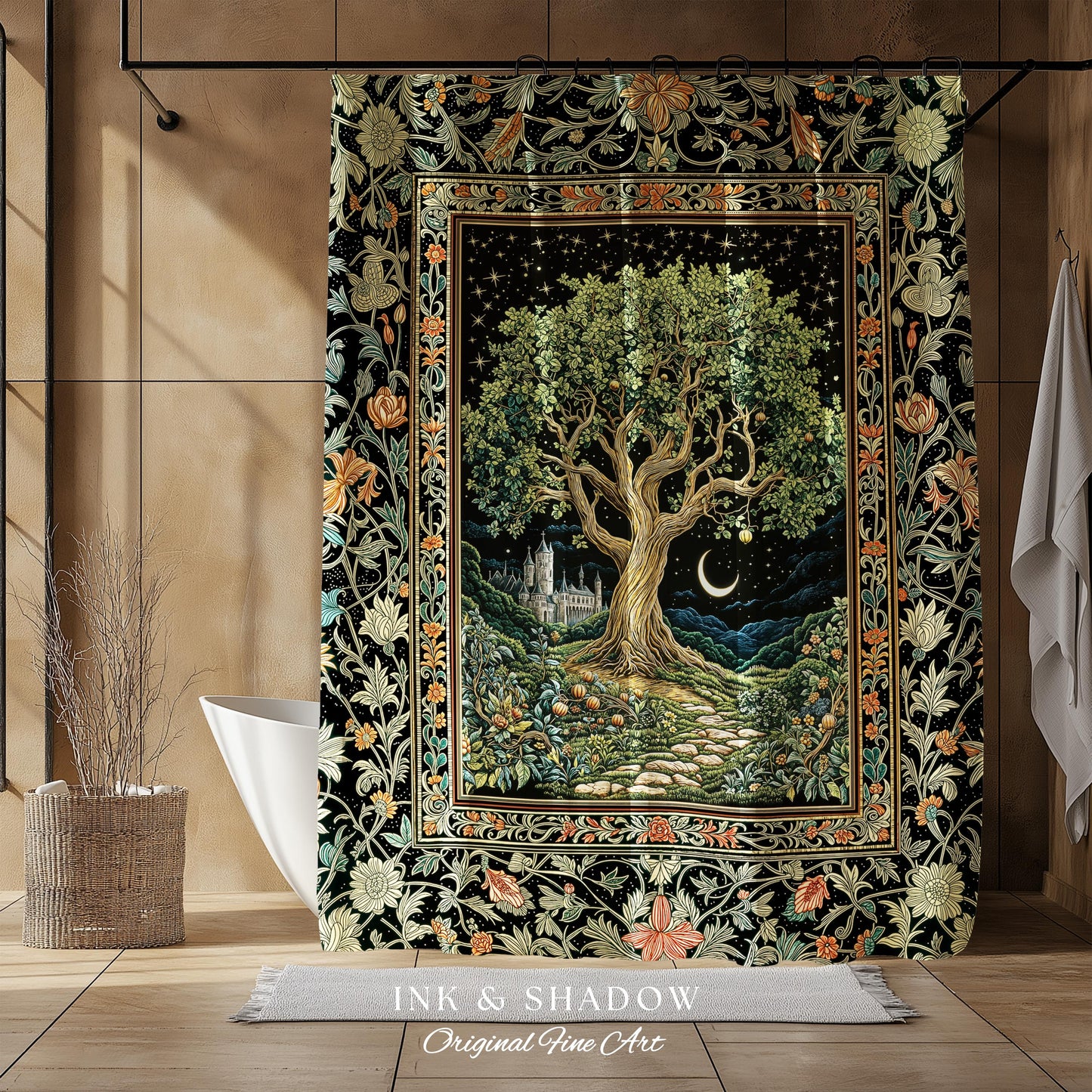 Fairytale Castle Tree of Life Shower Curtain | Celestial Forest Landscape Starry Sky Decor Witchy Bathroom Accent Mystical Cottagecore Boho