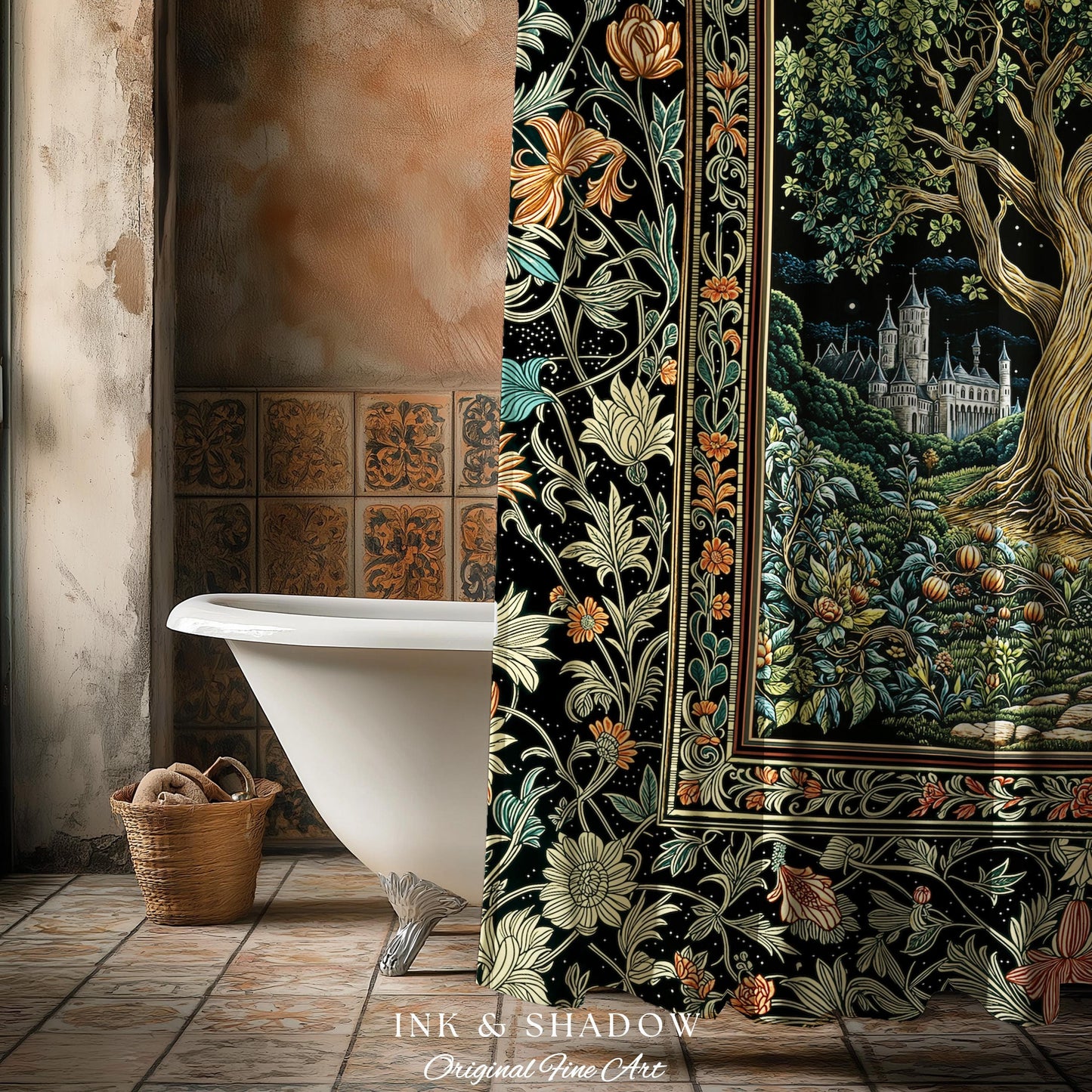 Fairytale Castle Tree of Life Shower Curtain | Celestial Forest Landscape Starry Sky Decor Witchy Bathroom Accent Mystical Cottagecore Boho