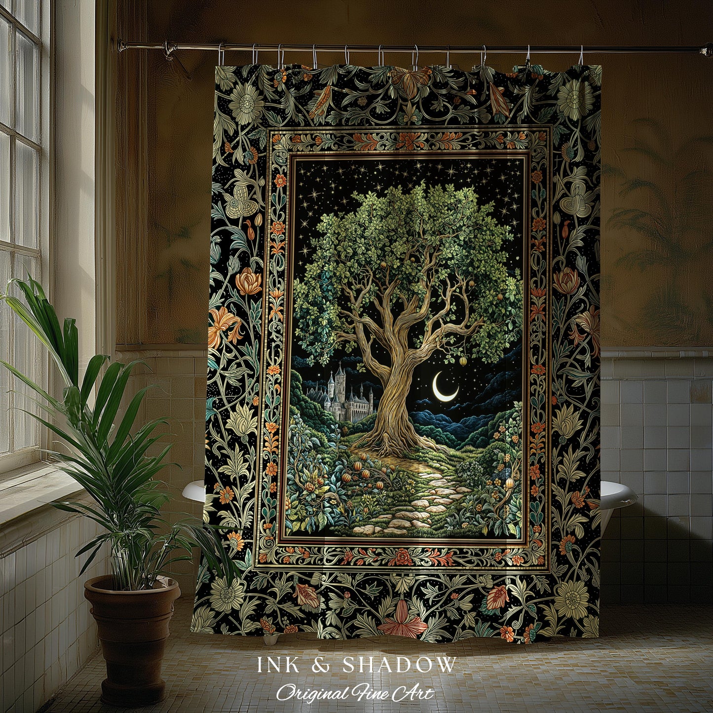 Fairytale Castle Tree of Life Shower Curtain | Celestial Forest Landscape Starry Sky Decor Witchy Bathroom Accent Mystical Cottagecore Boho