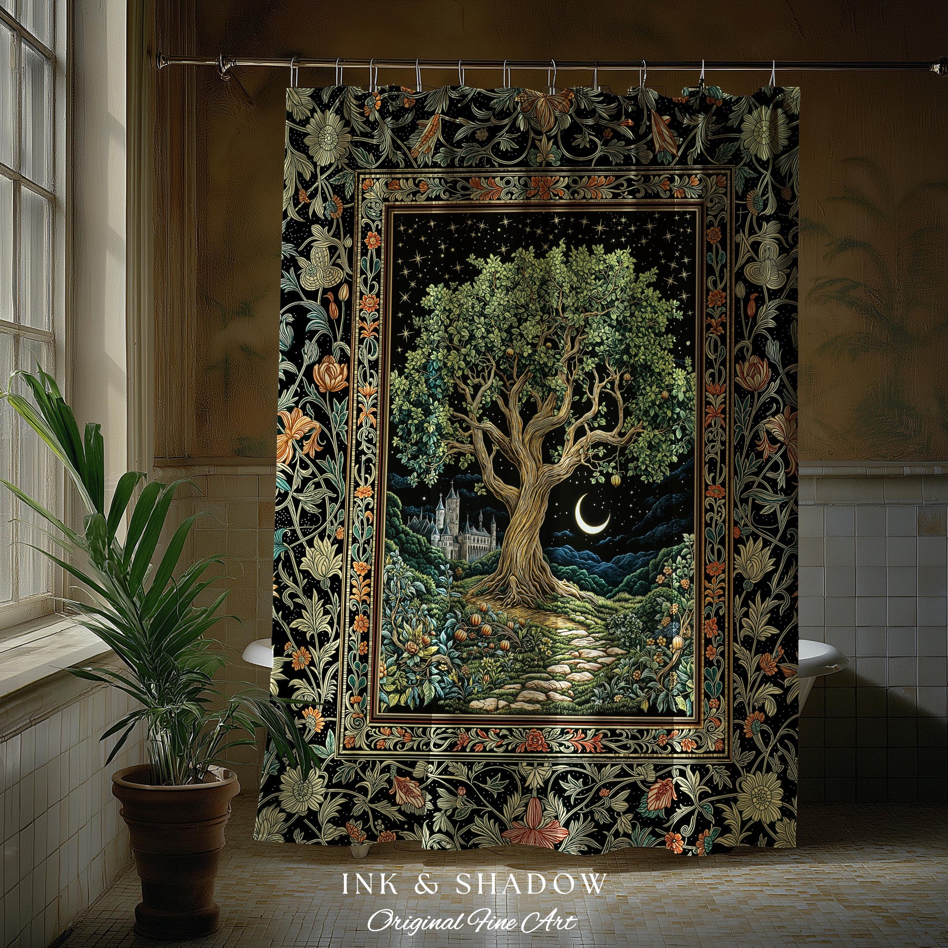 Fairytale Castle Tree of Life Shower Curtain | Celestial Forest Landscape Starry Sky Decor Witchy Bathroom Accent Mystical Cottagecore Boho