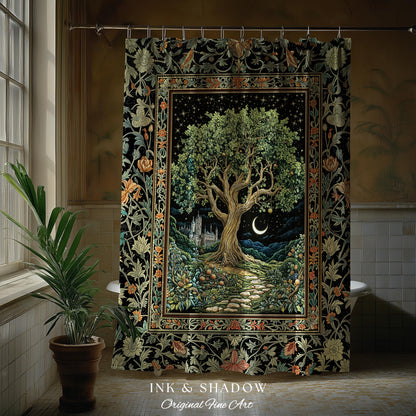 Fairytale Castle Tree of Life Shower Curtain | Celestial Forest Landscape Starry Sky Decor Witchy Bathroom Accent Mystical Cottagecore Boho