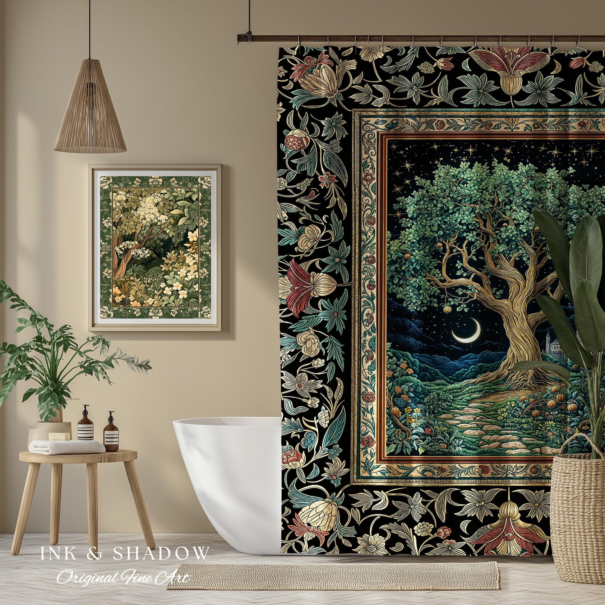 Fantasy Castle Tree of Life Shower Curtain | Celestial Moon Decor Star Garden Design Folklore Inspired Enchanted Forest Medieval Bathroom |
