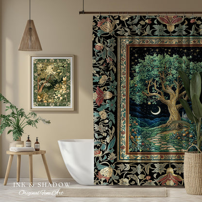 Fantasy Castle Tree of Life Shower Curtain | Celestial Moon Decor Star Garden Design Folklore Inspired Enchanted Forest Medieval Bathroom |