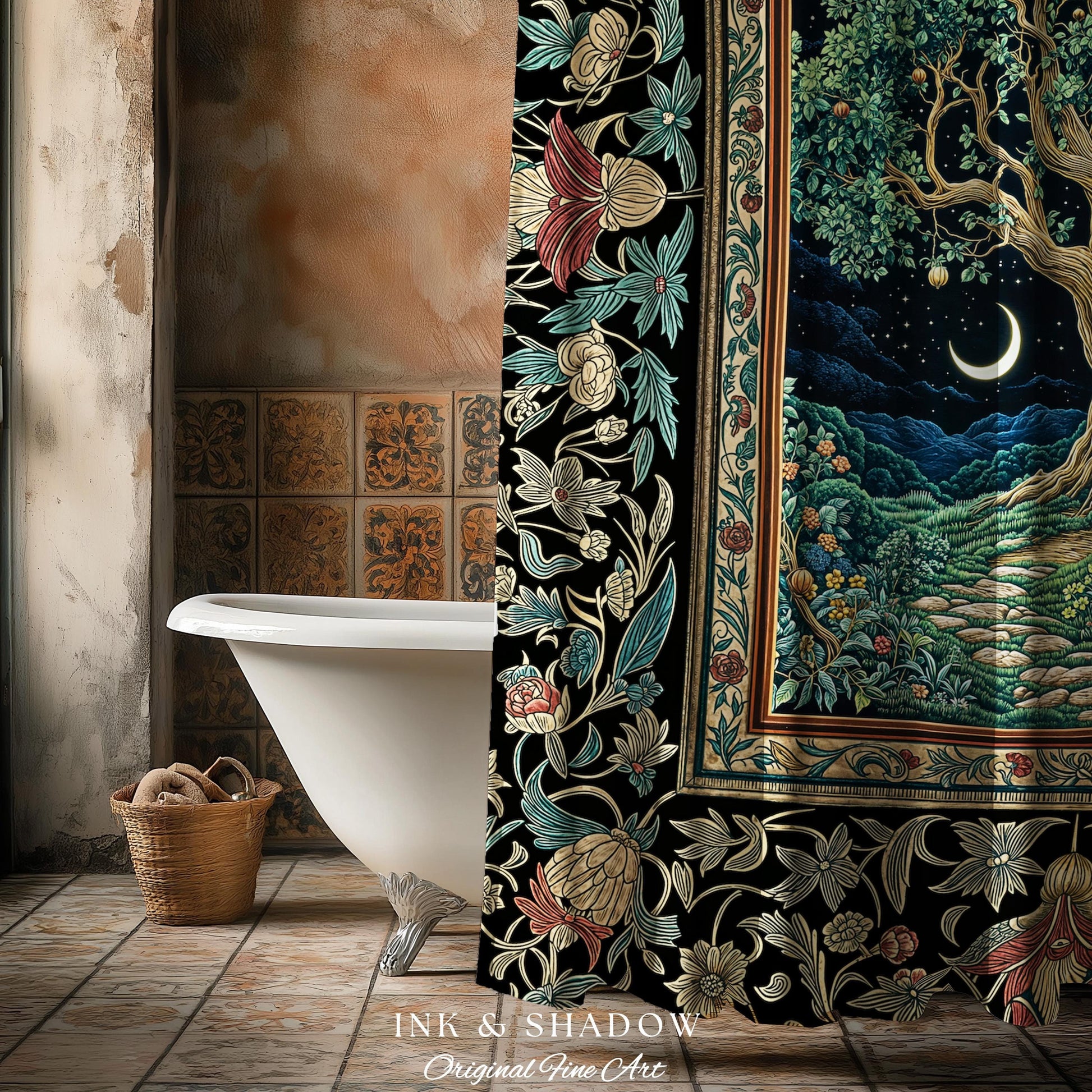 Fantasy Castle Tree of Life Shower Curtain | Celestial Moon Decor Star Garden Design Folklore Inspired Enchanted Forest Medieval Bathroom |