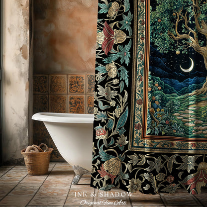 Fantasy Castle Tree of Life Shower Curtain | Celestial Moon Decor Star Garden Design Folklore Inspired Enchanted Forest Medieval Bathroom |