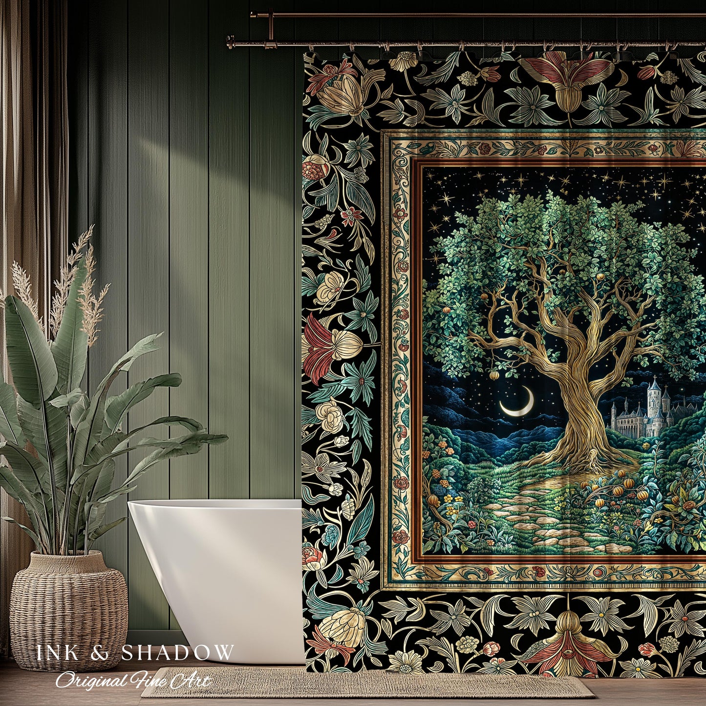 Fantasy Castle Tree of Life Shower Curtain | Celestial Moon Decor Star Garden Design Folklore Inspired Enchanted Forest Medieval Bathroom |